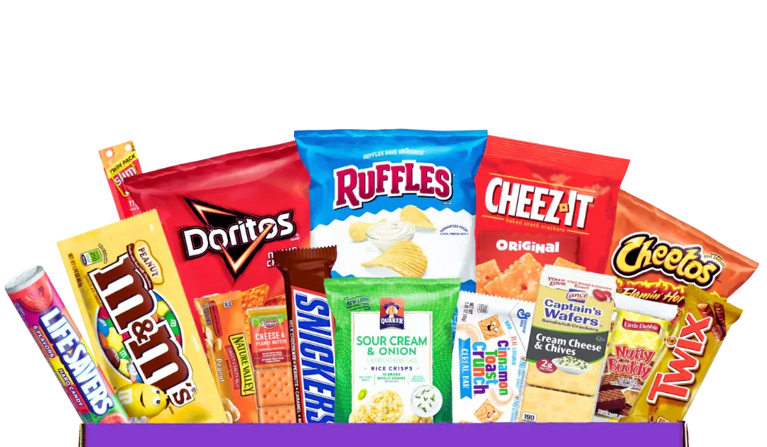 variety of chips, candy and snacks